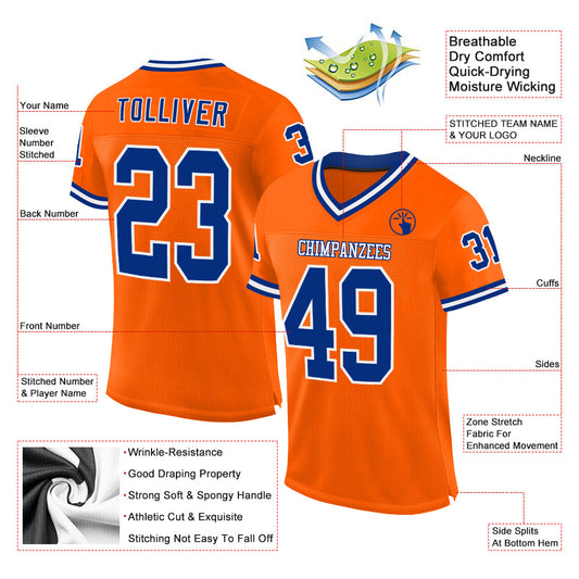 Custom Orange Royal-White Mesh Authentic Throwback Football Jersey - Sky-Custom