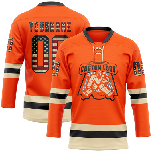 Custom Orange Vintage USA Flag Black-Cream Hockey Lace Neck Jersey - Sky-Custom