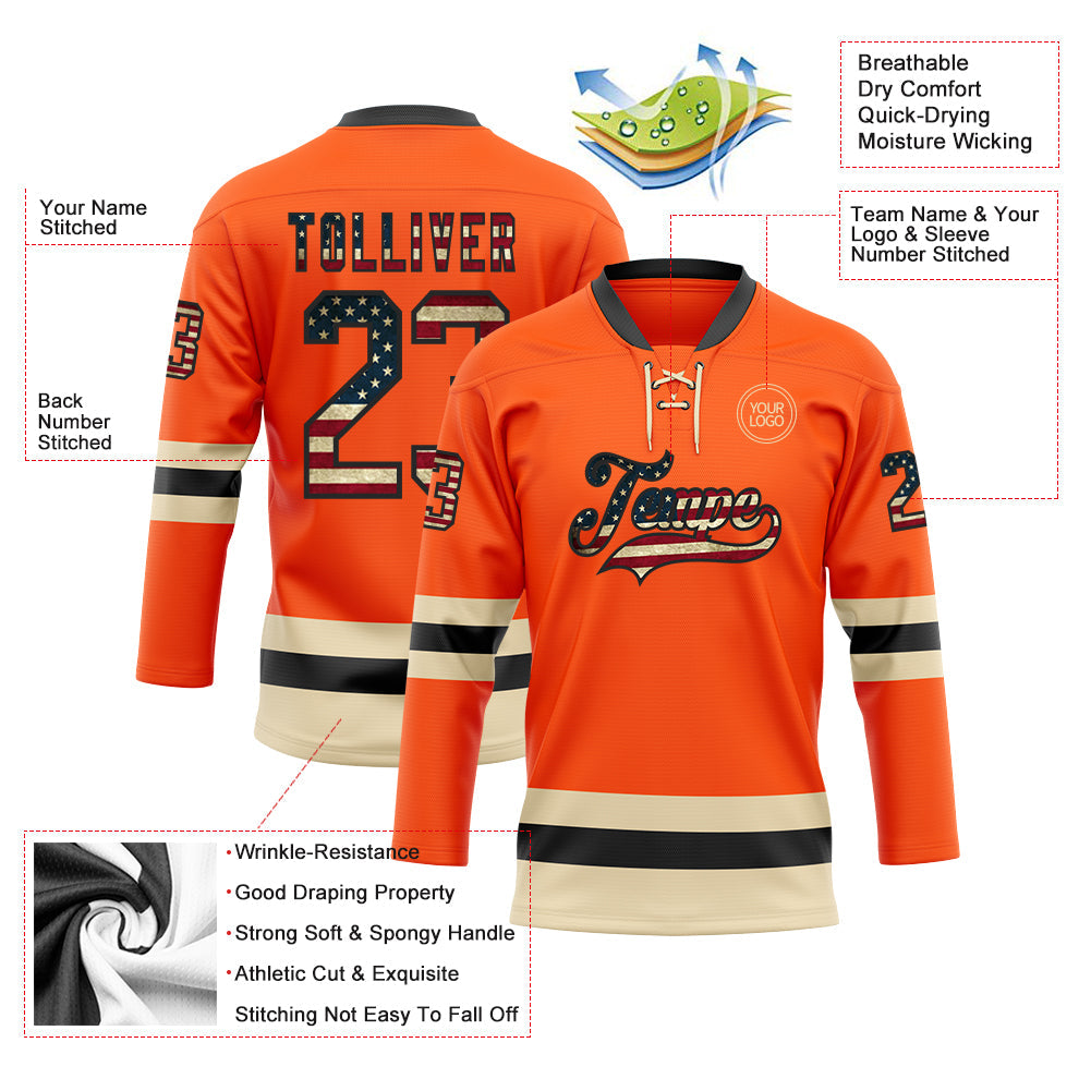 Custom Orange Vintage USA Flag Black-Cream Hockey Lace Neck Jersey - Sky-Custom