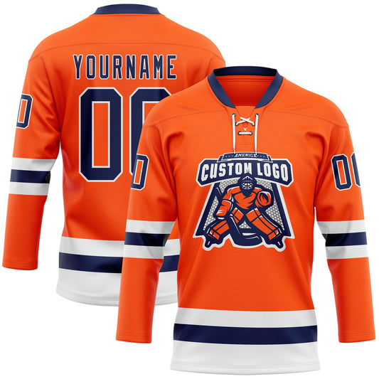 Custom Orange Navy-White Hockey Lace Neck Jersey - Sky-Custom