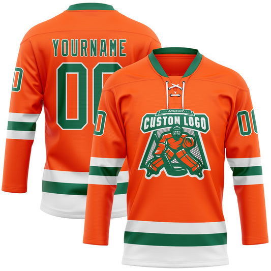Custom Orange Kelly Green-White Hockey Lace Neck Jersey - Sky-Custom