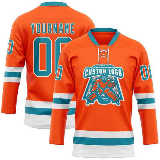 Custom Orange Teal-White Hockey Lace Neck Jersey - Sky-Custom