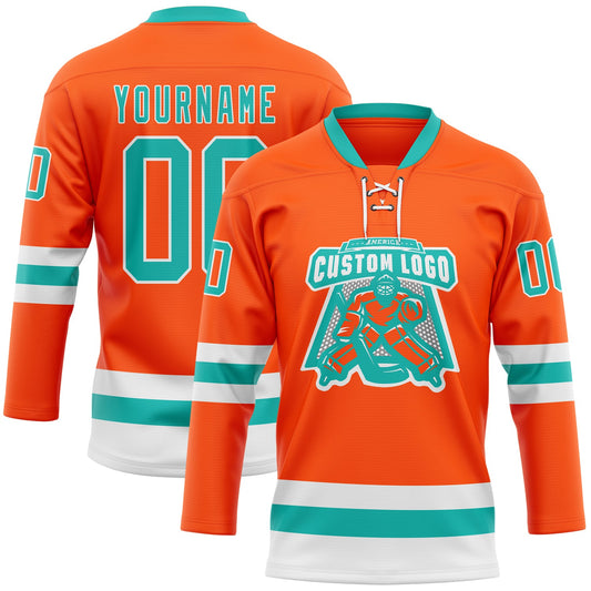 Custom Orange Aqua-White Hockey Lace Neck Jersey - Sky-Custom