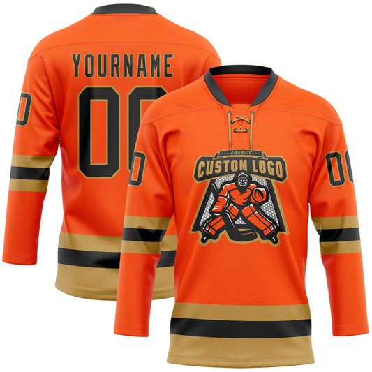 Custom Orange Black-Old Gold Hockey Lace Neck Jersey - Sky-Custom