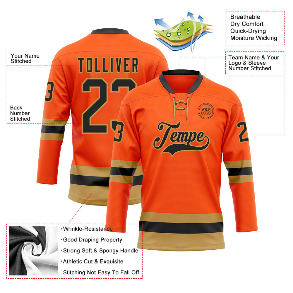 Custom Orange Black-Old Gold Hockey Lace Neck Jersey - Sky-Custom