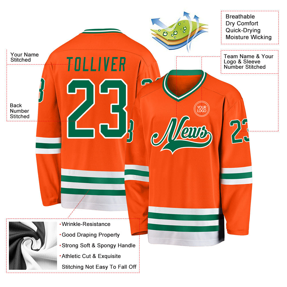 Custom Orange Kelly Green-White Hockey Jersey - Sky-Custom