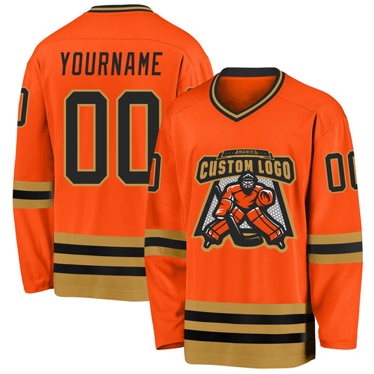 Custom Orange Black-Old Gold Hockey Jersey - Sky-Custom
