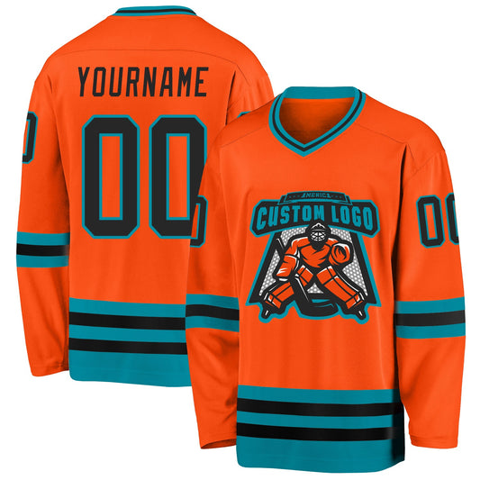Custom Orange Black-Teal Hockey Jersey - Sky-Custom