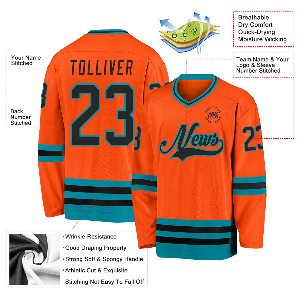 Custom Orange Black-Teal Hockey Jersey - Sky-Custom