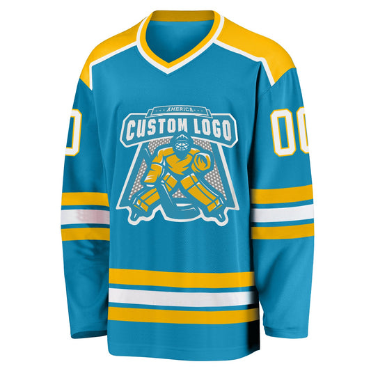 Custom Panther Blue White-Gold Hockey Jersey - Sky-Custom