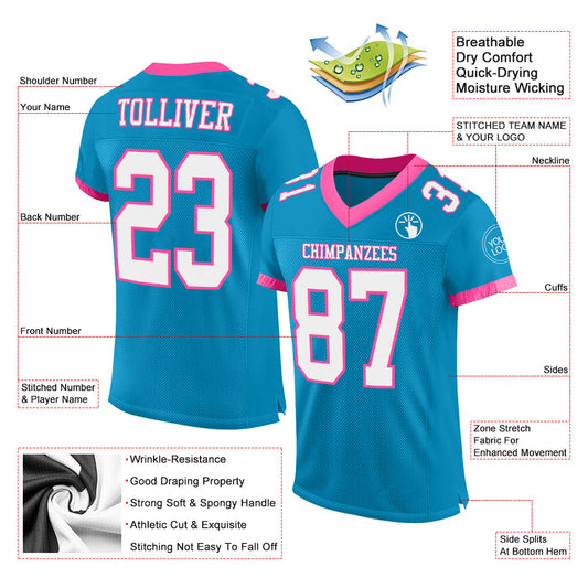 Custom Panther Blue White-Pink Mesh Authentic Football Jersey - Sky-Custom