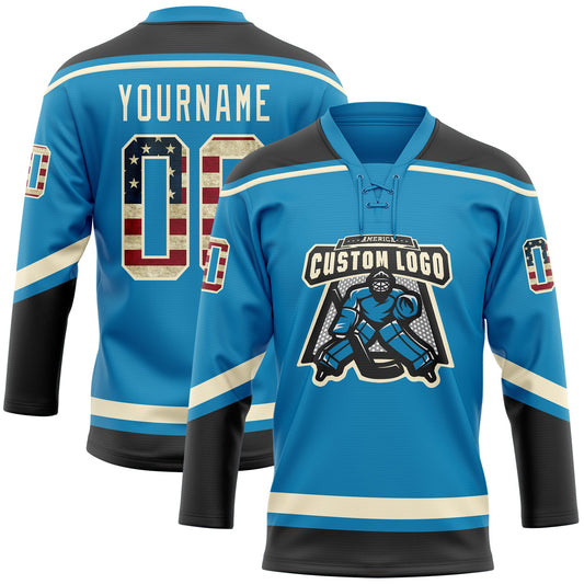Custom Panther Blue Vintage USA Flag Black-Cream Hockey Lace Neck Jersey - Sky-Custom
