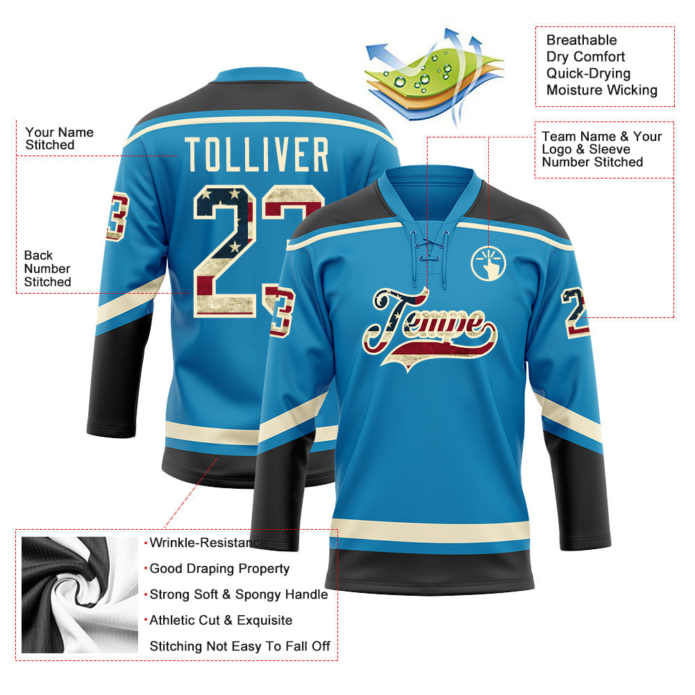 Custom Panther Blue Vintage USA Flag Black-Cream Hockey Lace Neck Jersey - Sky-Custom