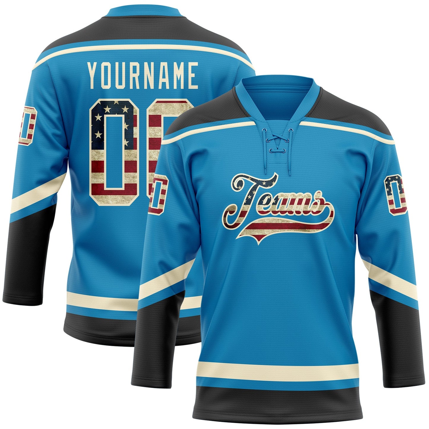 Custom Panther Blue Vintage USA Flag Black-Cream Hockey Lace Neck Jersey - Sky-Custom