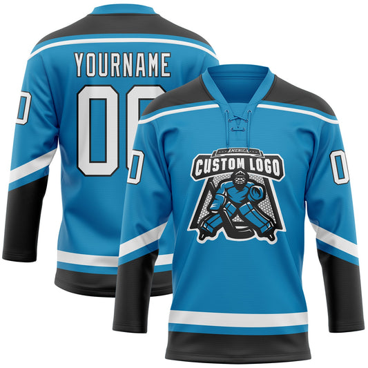 Custom Panther Blue White-Black Hockey Lace Neck Jersey - Sky-Custom