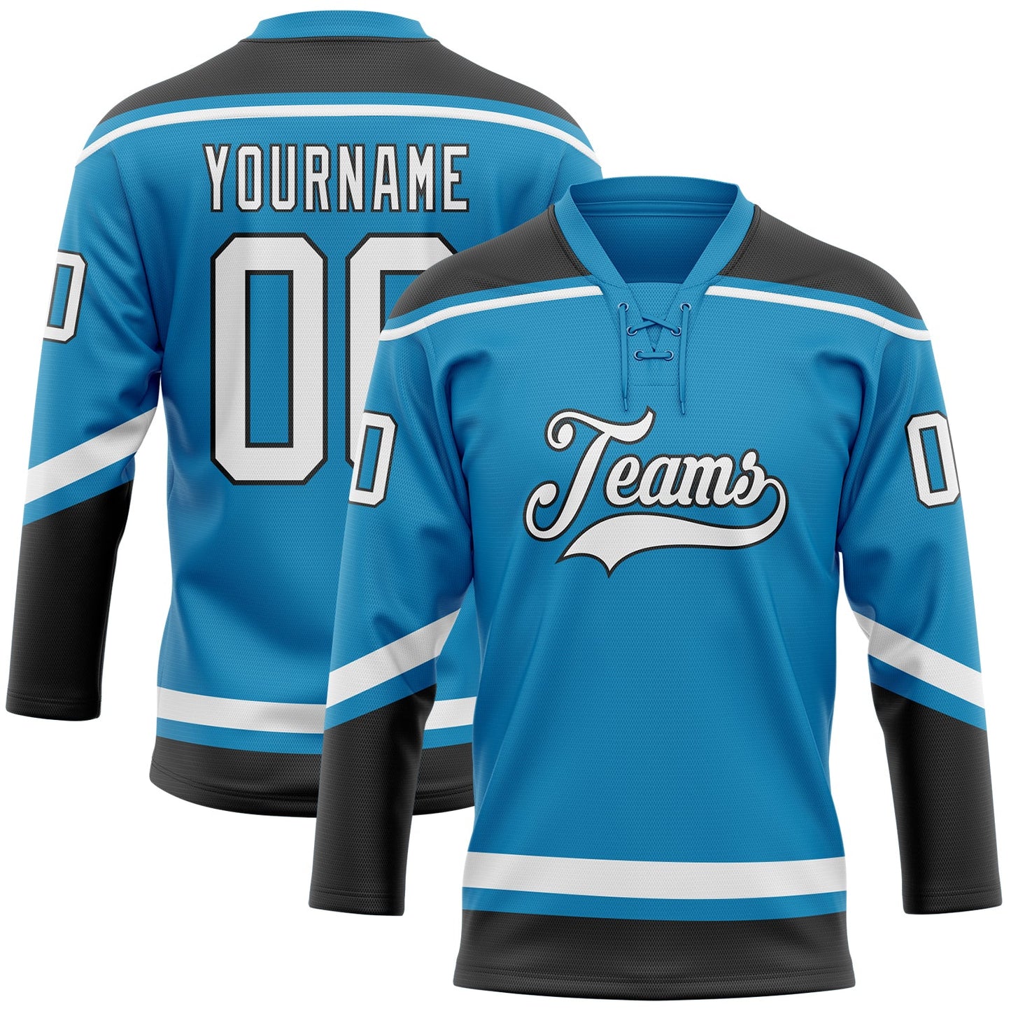 Custom Panther Blue White-Black Hockey Lace Neck Jersey - Sky-Custom