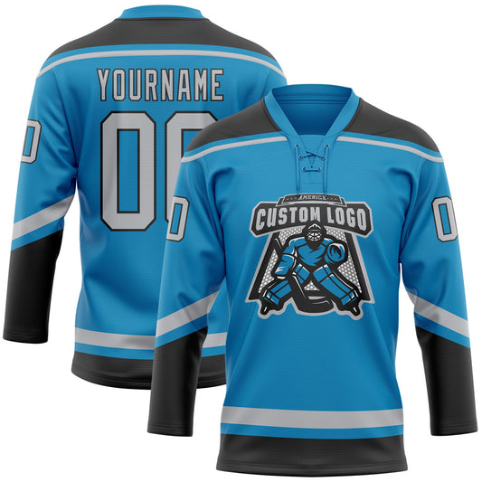 Custom Panther Blue Gray-Black Hockey Lace Neck Jersey - Sky-Custom