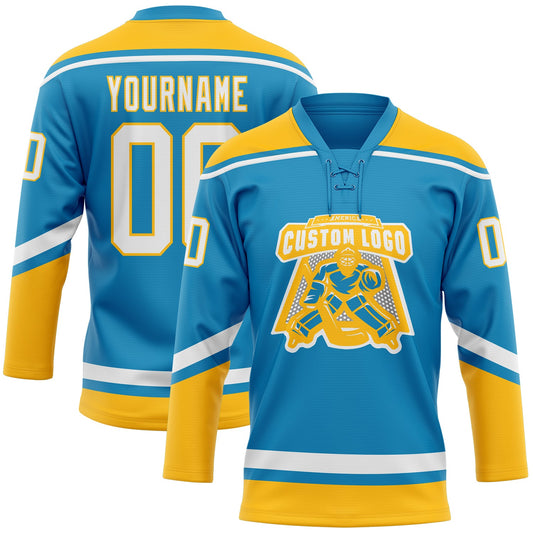 Custom Panther Blue White-Gold Hockey Lace Neck Jersey - Sky-Custom