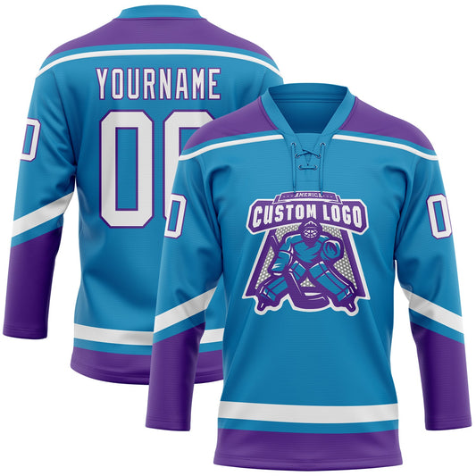 Custom Panther Blue White-Purple Hockey Lace Neck Jersey - Sky-Custom