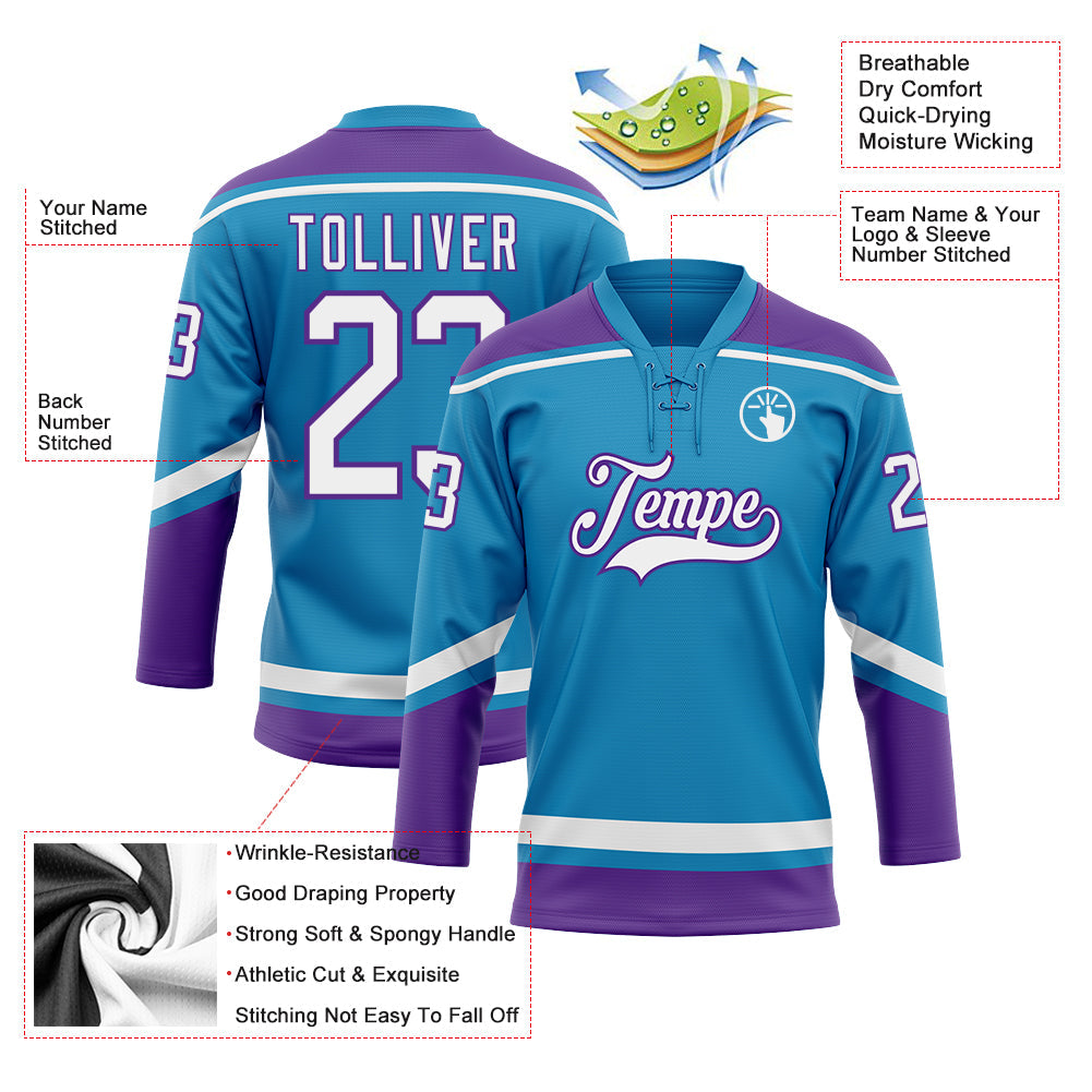 Custom Panther Blue White-Purple Hockey Lace Neck Jersey - Sky-Custom