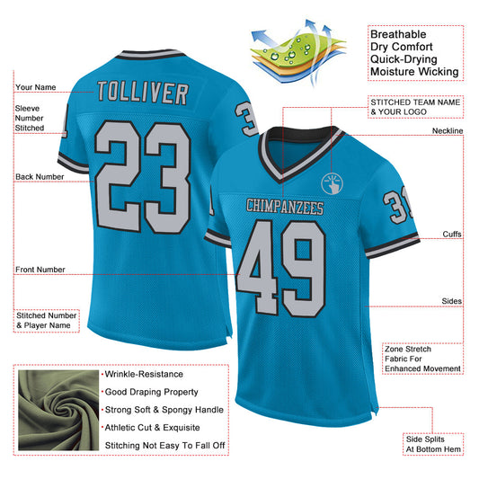 Custom Panther Blue Gray-Black Mesh Authentic Throwback Football Jersey - Sky-Custom