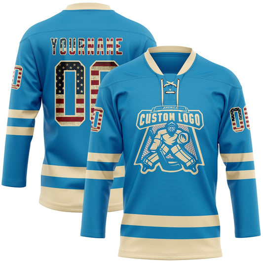 Custom Panther Blue Vintage USA Flag-Cream Hockey Lace Neck Jersey - Sky-Custom