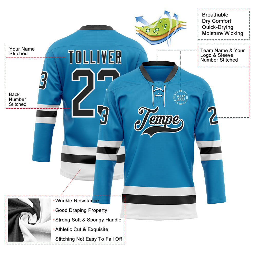 Custom Panther Blue Black-White Hockey Lace Neck Jersey - Sky-Custom