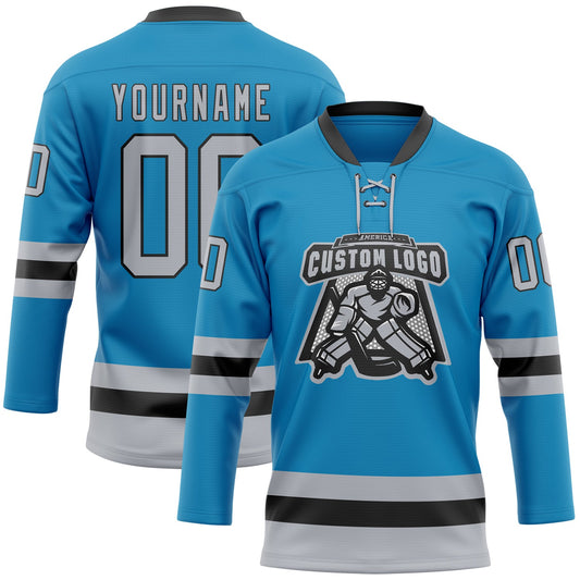 Custom Panther Blue Gray-Black Hockey Lace Neck Jersey - Sky-Custom