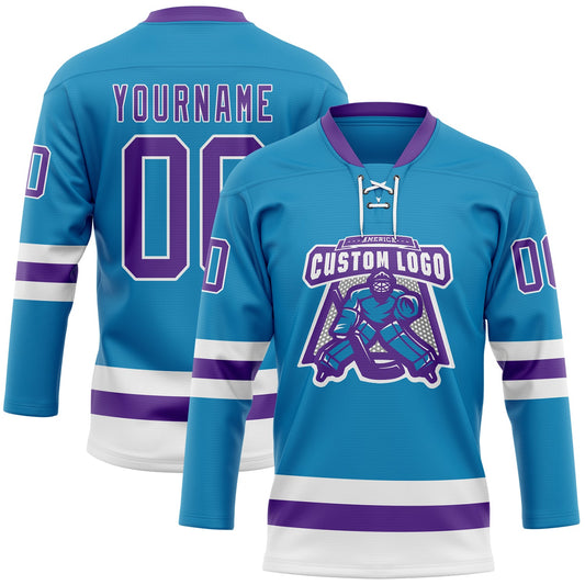 Custom Panther Blue Purple-White Hockey Lace Neck Jersey - Sky-Custom