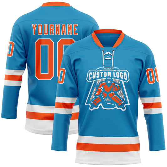 Custom Panther Blue Orange-White Hockey Lace Neck Jersey - Sky-Custom