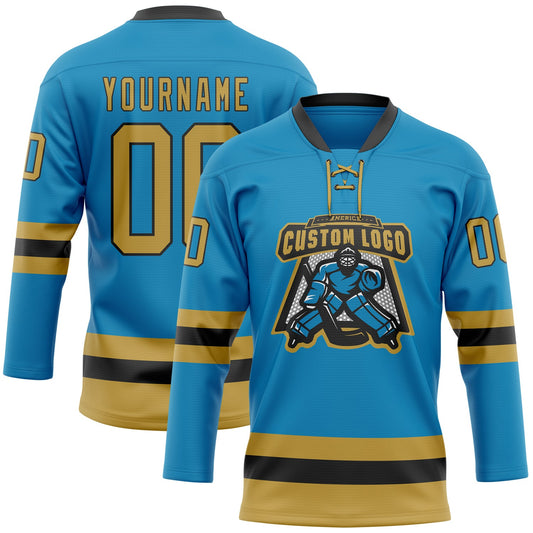 Custom Panther Blue Old Gold-Black Hockey Lace Neck Jersey - Sky-Custom