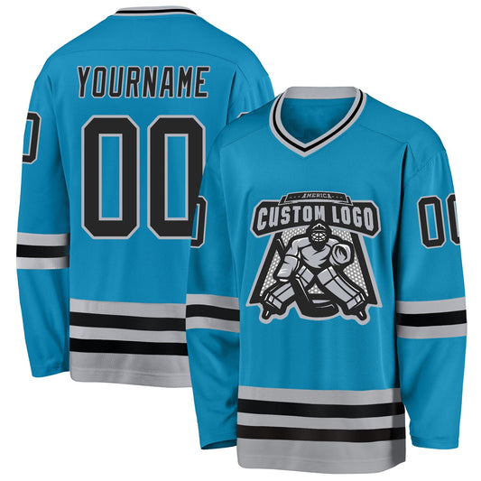 Custom Panther Blue Black-Gray Hockey Jersey - Sky-Custom