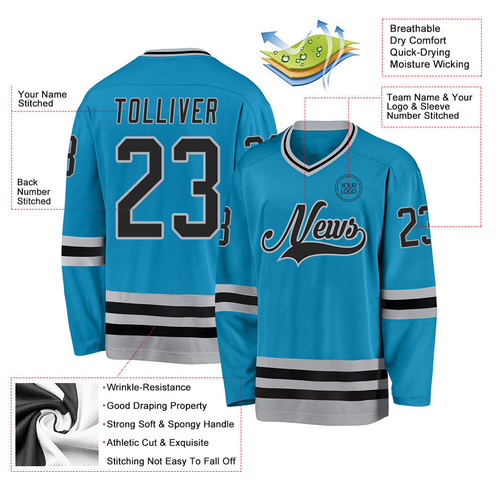 Custom Panther Blue Black-Gray Hockey Jersey - Sky-Custom