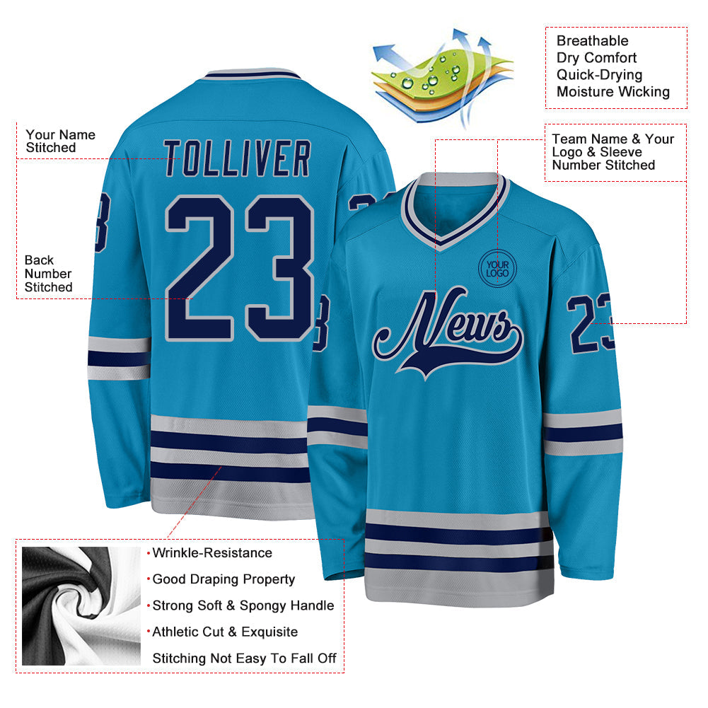 Custom Panther Blue Navy-Gray Hockey Jersey - Sky-Custom
