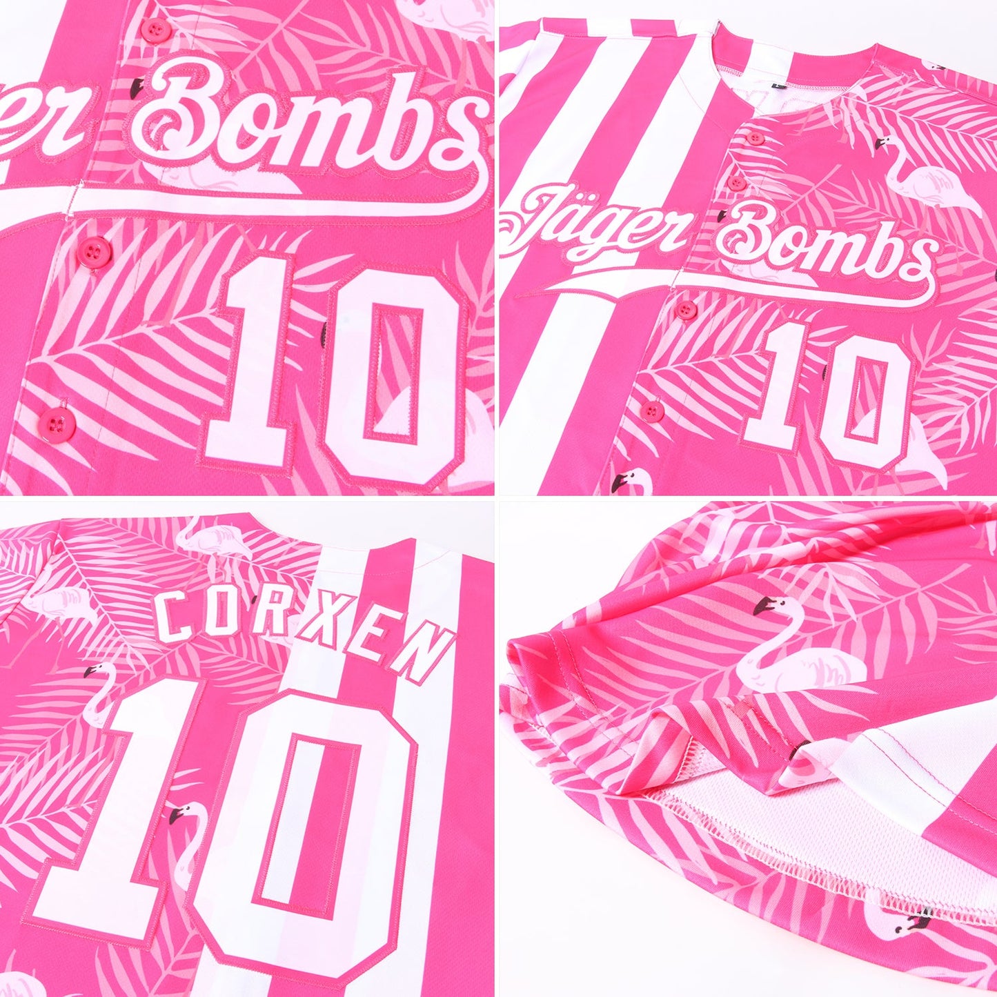 Custom Pink White 3D Pattern Design Tropical Palm Leaves And Famingo Authentic Baseball Jersey - Sky-Custom