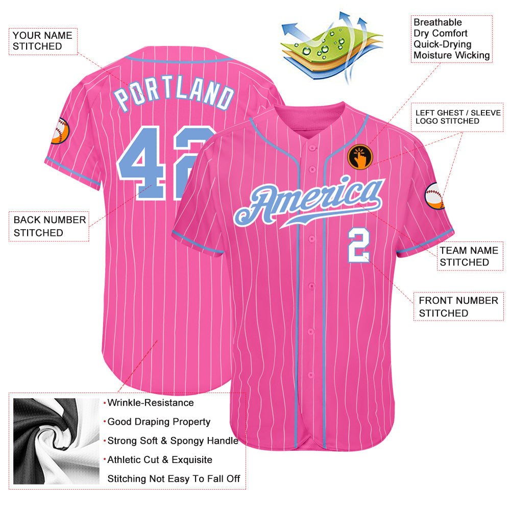 Custom Pink White Pinstripe Light Blue-White Authentic Baseball Jersey - Sky-Custom