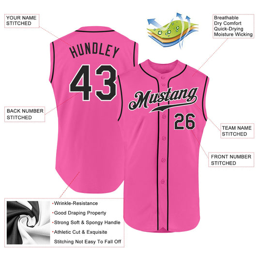 Custom Pink Black-White Authentic Sleeveless Baseball Jersey - Sky-Custom