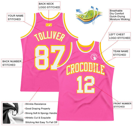 Custom Pink White-Gold Authentic Throwback Basketball Jersey - Sky-Custom