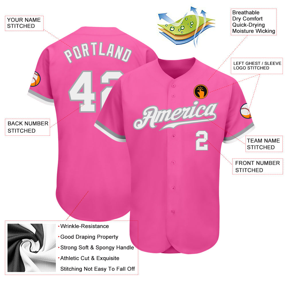 Custom Pink White-Gray Authentic Baseball Jersey - Sky-Custom