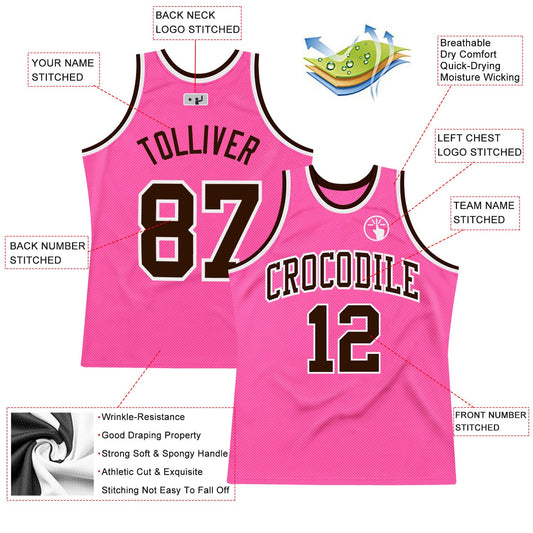 Custom Pink Brown-White Authentic Throwback Basketball Jersey - Sky-Custom