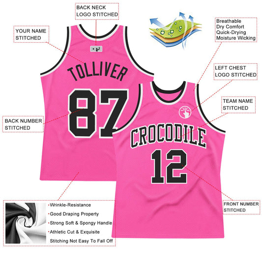 Custom Pink Black-White Authentic Throwback Basketball Jersey - Sky-Custom