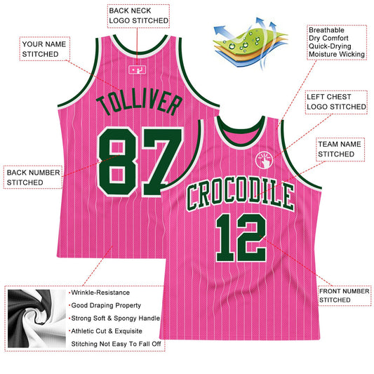 Custom Pink White Pinstripe Green-White Authentic Basketball Jersey - Sky-Custom