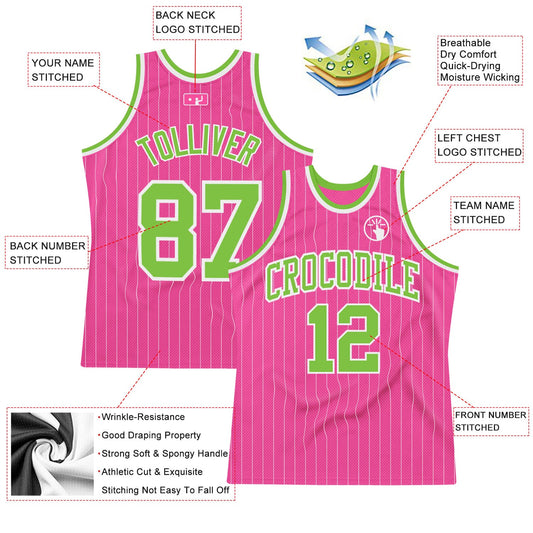Custom Pink White Pinstripe Neon Green-White Authentic Basketball Jersey - Sky-Custom