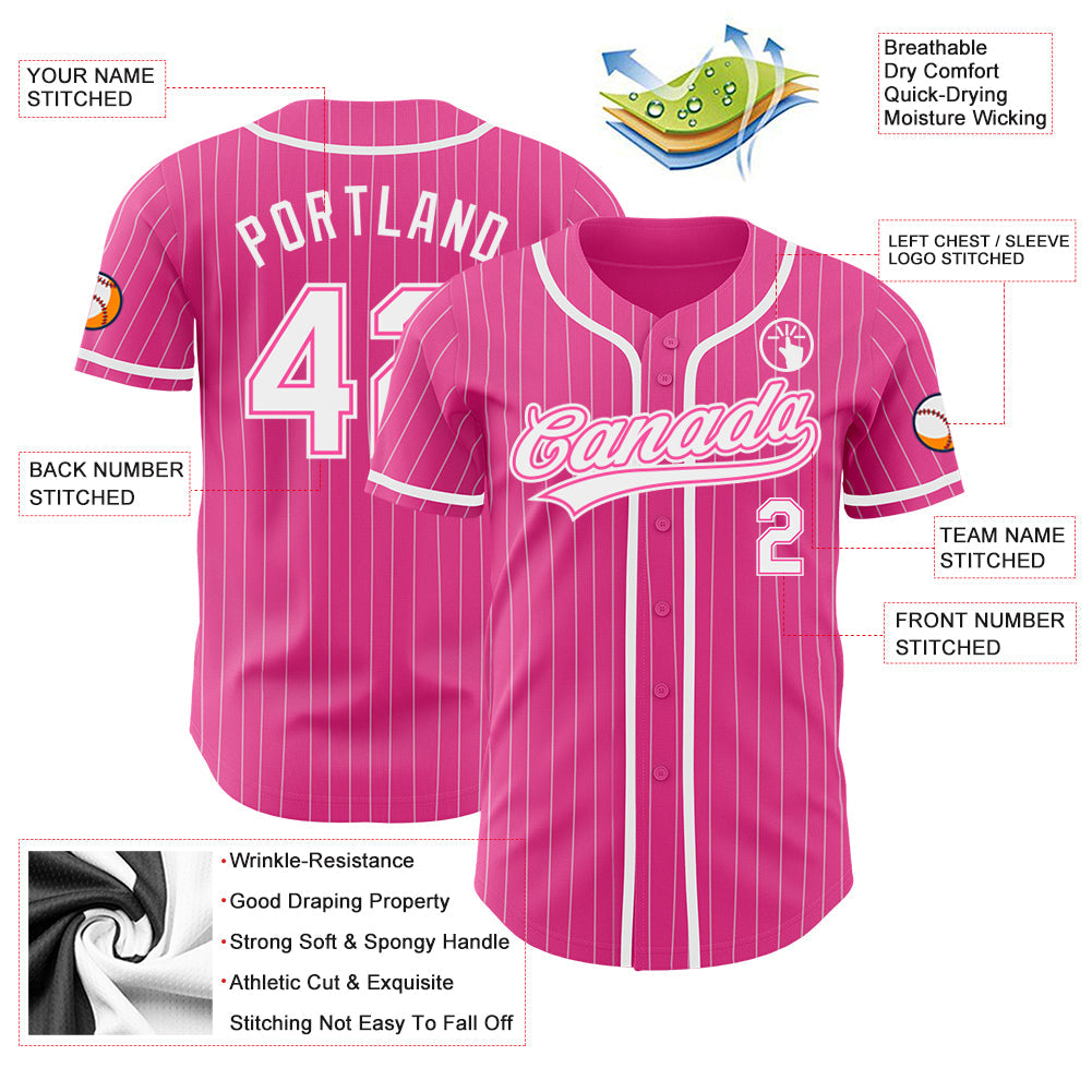 Custom Pink White Pinstripe White Authentic Baseball Jersey - Sky-Custom