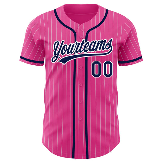 Custom Pink White Pinstripe Navy Authentic Baseball Jersey - Sky-Custom