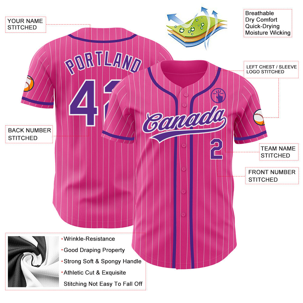 Custom Pink White Pinstripe Purple Authentic Baseball Jersey - Sky-Custom
