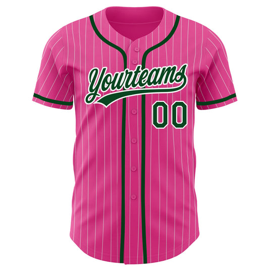 Custom Pink White Pinstripe Green Authentic Baseball Jersey - Sky-Custom