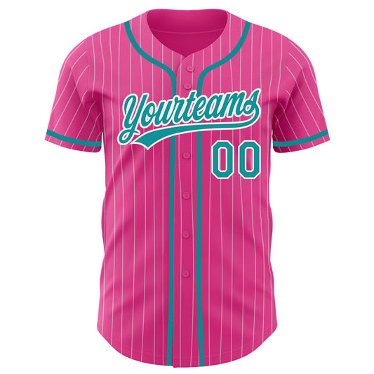 Custom Pink White Pinstripe Teal Authentic Baseball Jersey - Sky-Custom