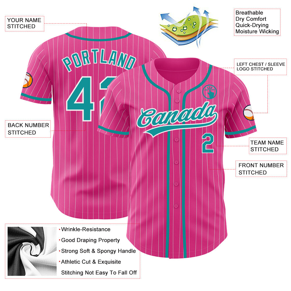 Custom Pink White Pinstripe Teal Authentic Baseball Jersey - Sky-Custom