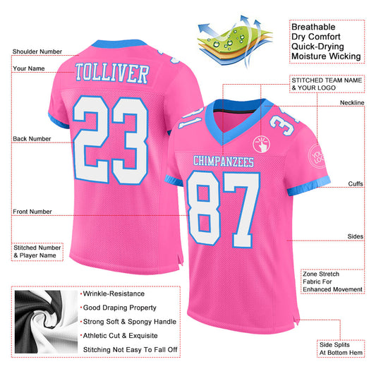 Custom Pink White-Powder Blue Mesh Authentic Football Jersey - Sky-Custom